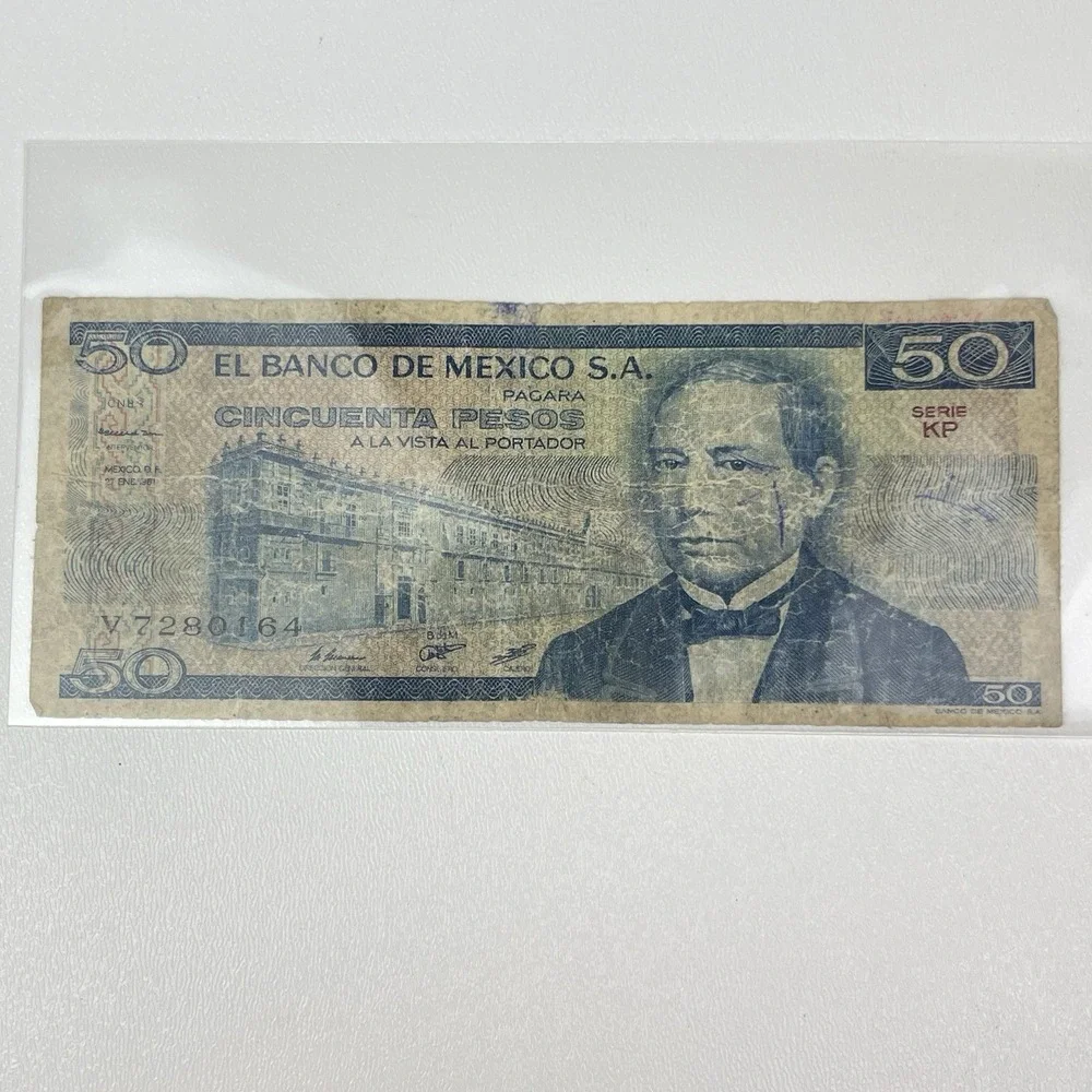Banco De Mexico 50 Pesos Banknote 1981 Currency Benito Juarez Zapotec Temple